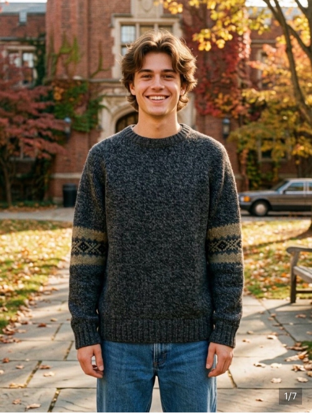 Abercrombie & Fitch Wool Brown Crewneck Sweater with Patterned Sleeve Stripes